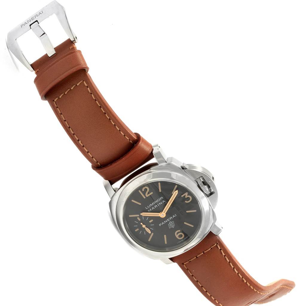 The Panerai Luminor PAM00632 Men's Stainless Steel Brown Dial PAM00632 Men's Stainless Steel Brown Dial watch is shown at a tilted angle, highlighting the brown leather strap and stainless steel case.