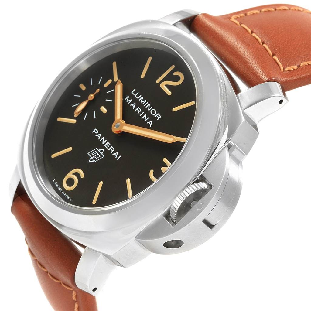This image shows a close-up, angled view of the Panerai Luminor PAM00632 Men's Stainless Steel Brown Dial PAM00632 Men's Stainless Steel Brown Dial Marina watch, highlighting the watch face, crown guard, and leather strap.