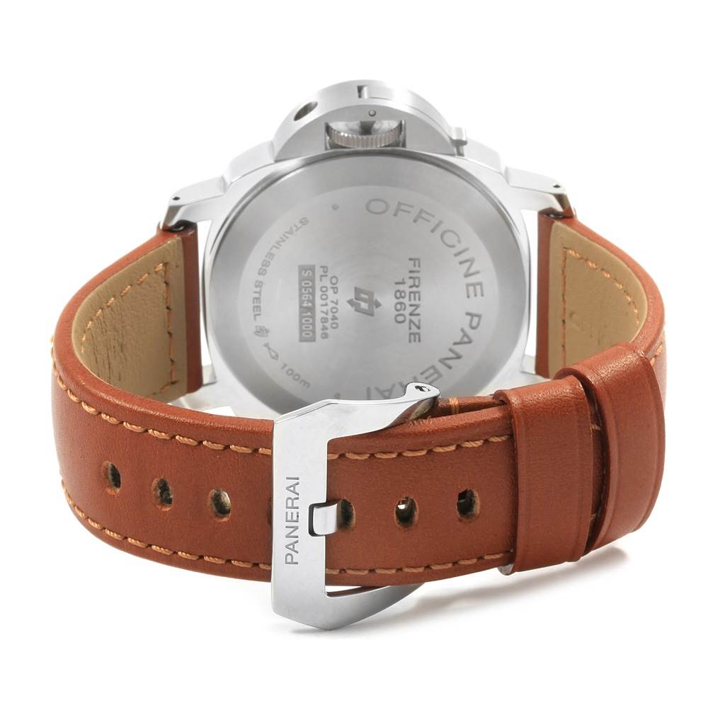 The image shows the back view of the Panerai Luminor PAM00632 Men's Stainless Steel Brown Dial PAM00632 Men's Stainless Steel Brown Dial watch, highlighting the case back and leather strap with "PANERAI" on the buckle.