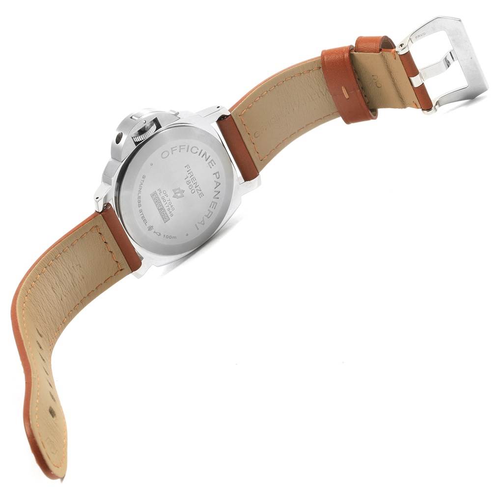 The image shows the rear view of a Panerai Luminor PAM00632 Men's Stainless Steel Brown Dial PAM00632 Men's Stainless Steel Brown Dial watch displaying the case back and a brown leather strap.