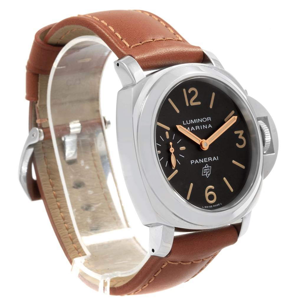 The image shows a Panerai Luminor PAM00632 Men's Stainless Steel Brown Dial PAM00632 Men's Stainless Steel Brown Dial watch at a slight angle, highlighting its dial, case, and brown leather strap.