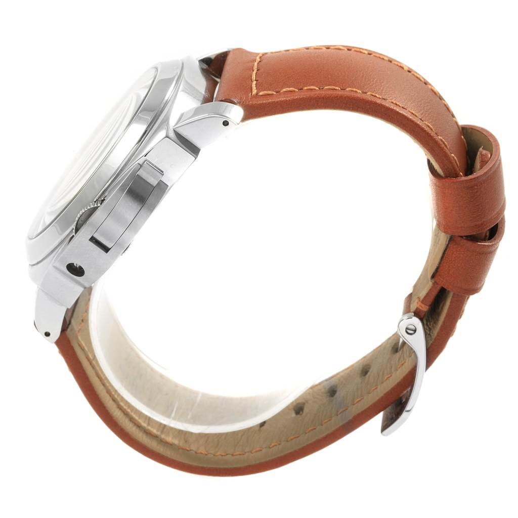 The image shows a side profile of the Panerai Luminor PAM00632 Men's Stainless Steel Brown Dial PAM00632 Men's Stainless Steel Brown Dial watch, highlighting its stainless steel case and leather strap.