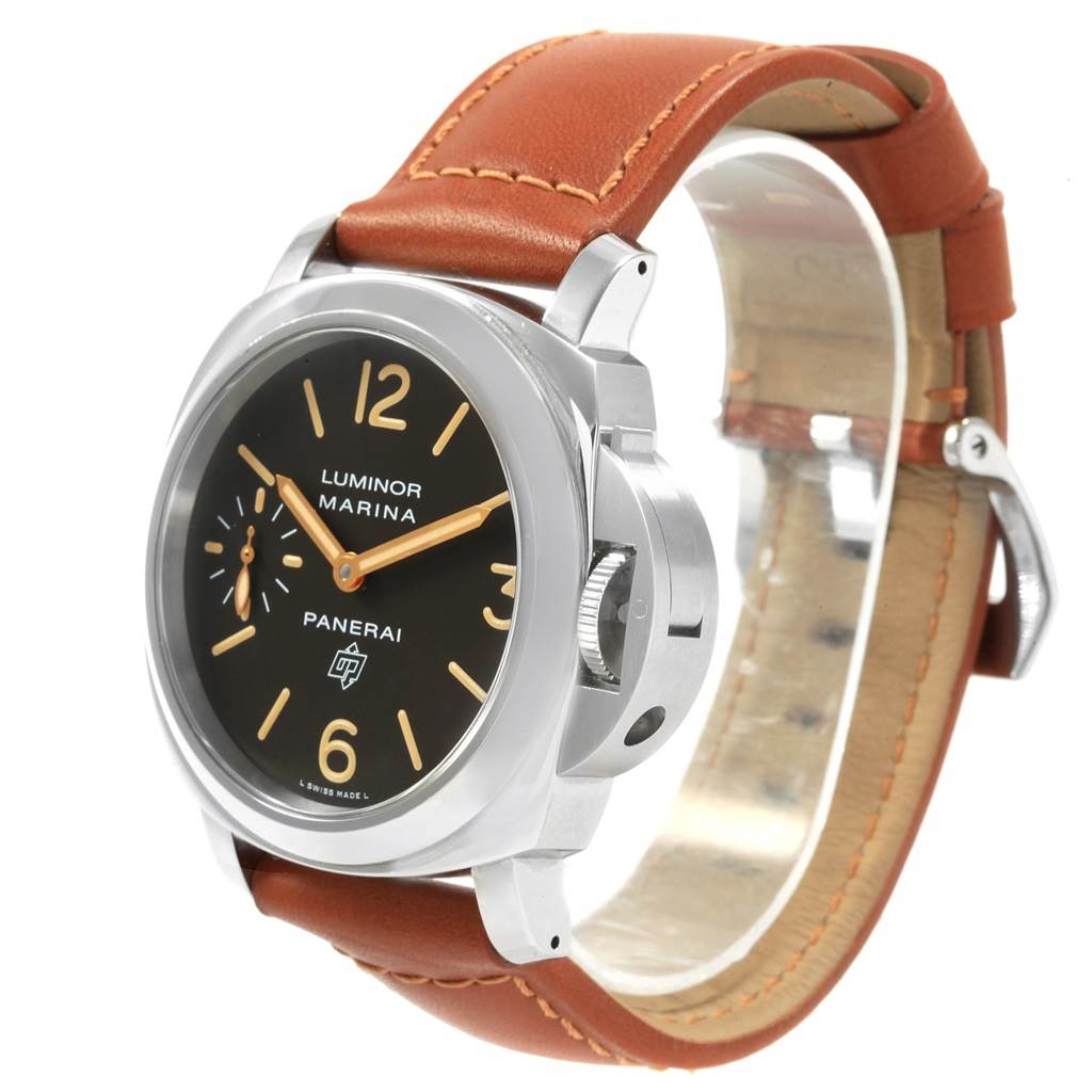 The image shows a Panerai Luminor PAM00632 Men's Stainless Steel Brown Dial PAM00632 Men's Stainless Steel Brown Dial model watch at a three-quarter angle, highlighting its brown leather strap and black dial.