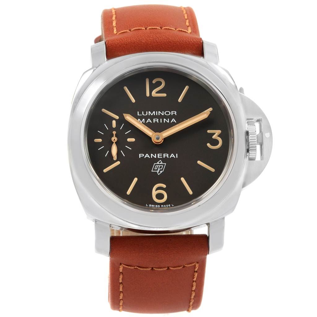 This is a front view of the Panerai Luminor PAM00632 Men's Stainless Steel Brown Dial PAM00632 Men's Stainless Steel Brown Dial Marina, showing the dial, casing, and leather strap.