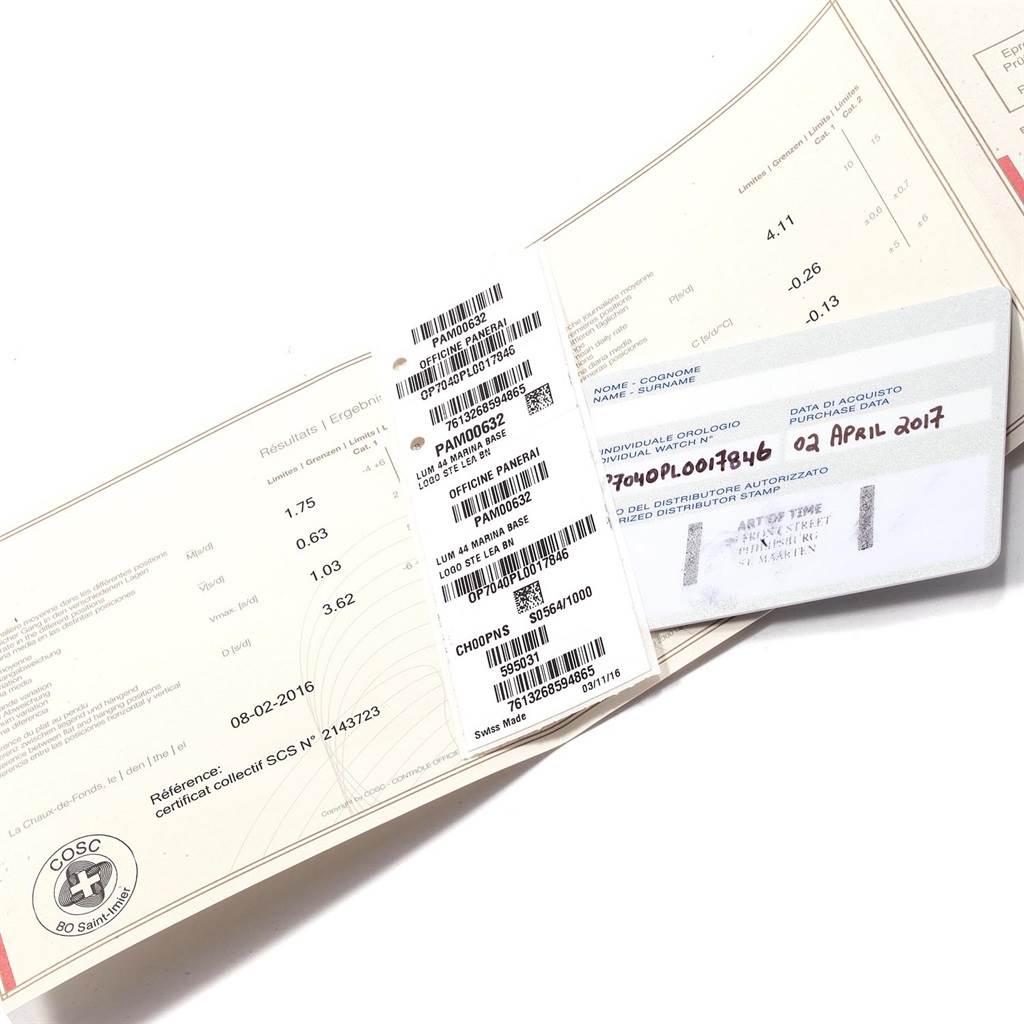 This image shows warranty cards and documentation for a Luminor model by Panerai.