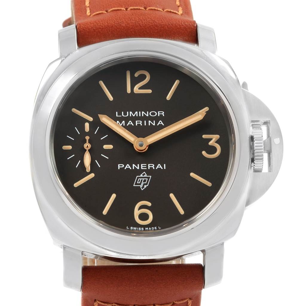 The image shows a front view of a Panerai Luminor PAM00632 Men's Stainless Steel Brown Dial PAM00632 Men's Stainless Steel Brown Dial Marina watch, highlighting the dial, crown, and brown leather strap.