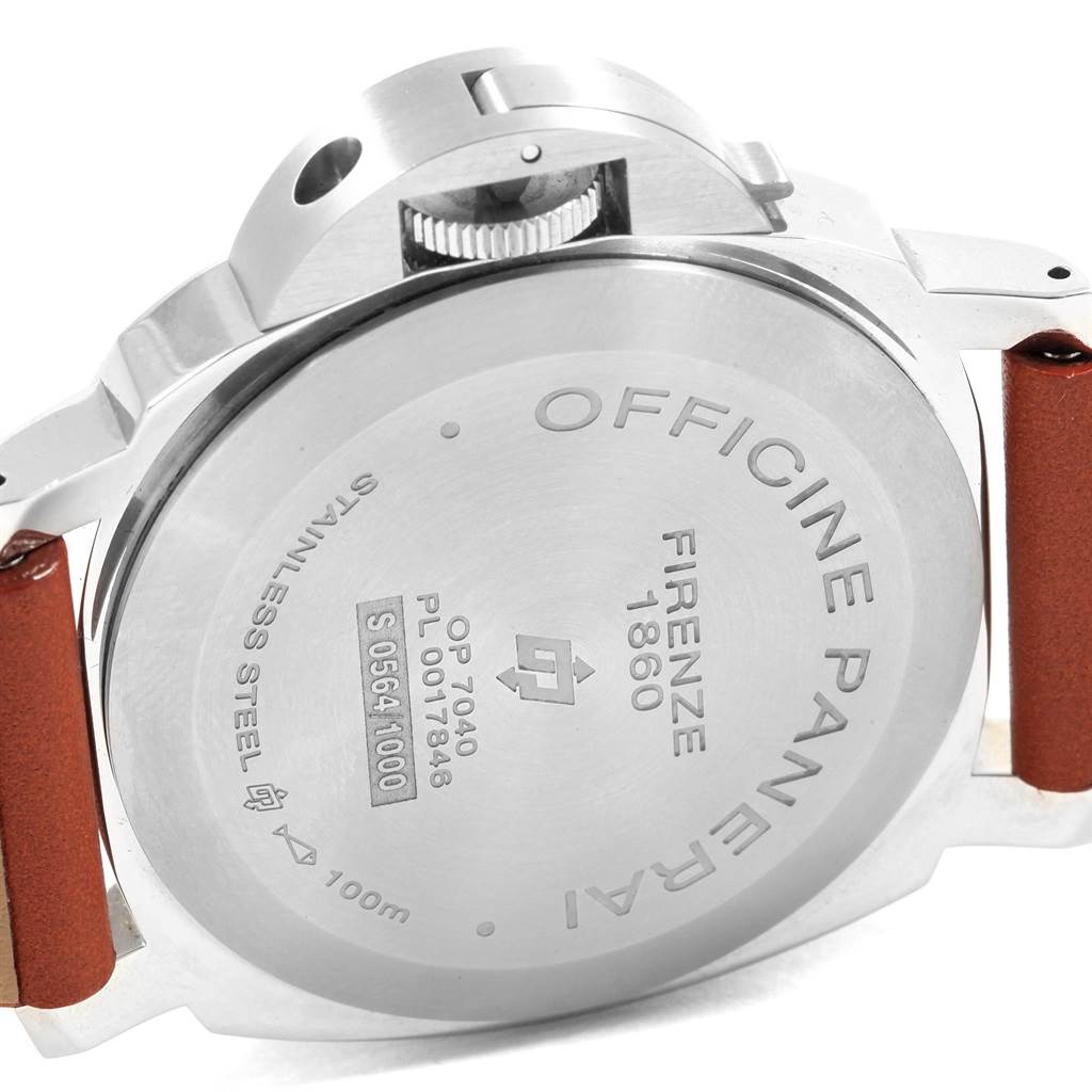 The image shows the back case and crown guard of a Panerai Luminor PAM00632 Men's Stainless Steel Brown Dial PAM00632 Men's Stainless Steel Brown Dial watch.