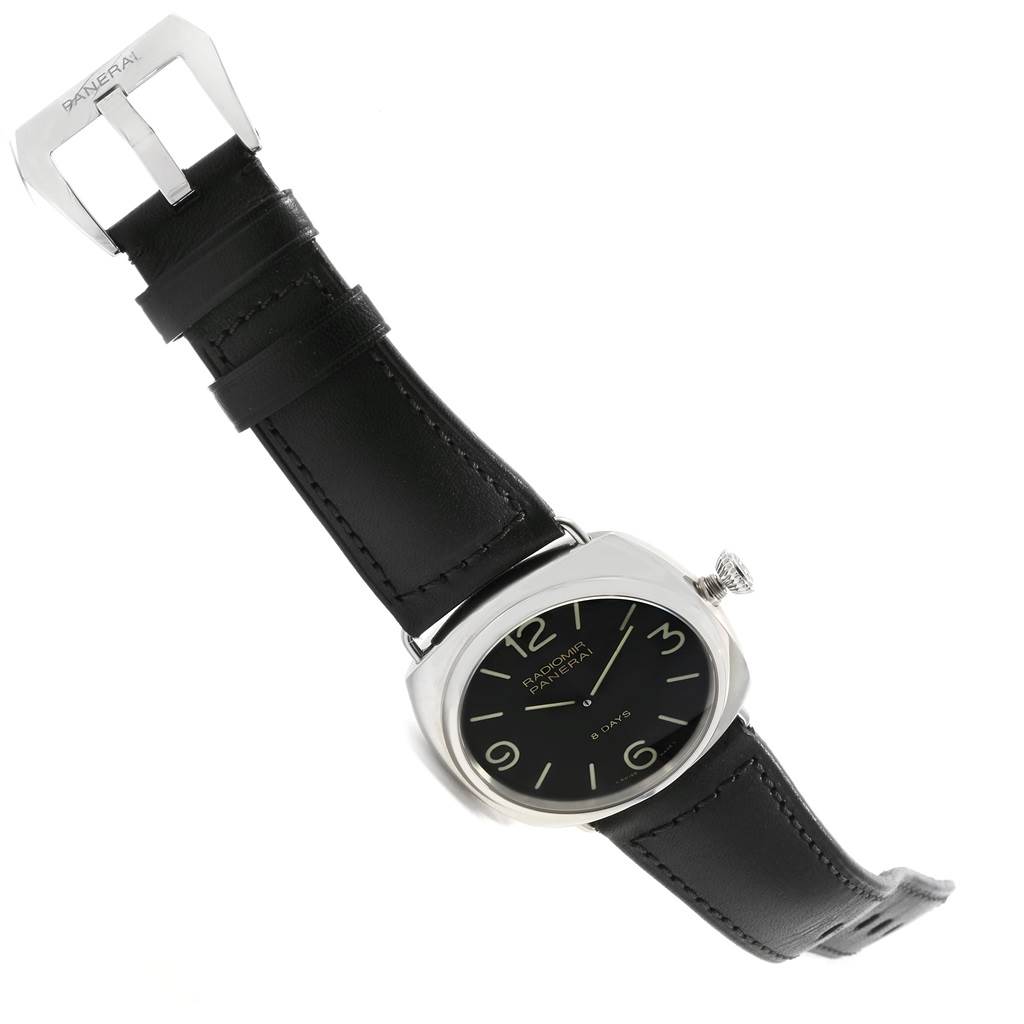This image shows the Panerai Radiomir PAM00610 Men's Stainless Steel Black Dial PAM00610 Men's Stainless Steel Black Dial watch at an angled top view, highlighting its black dial, leather strap, and buckle.