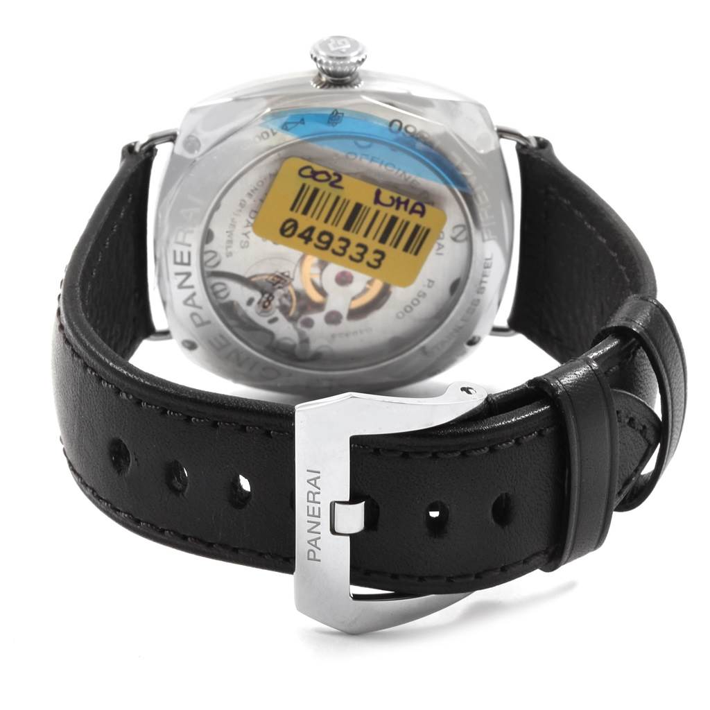 The image shows the back view of a Panerai Radiomir PAM00610 Men's Stainless Steel Black Dial PAM00610 Men's Stainless Steel Black Dial watch, highlighting its movement and a black leather strap with a Panerai-branded buckle.