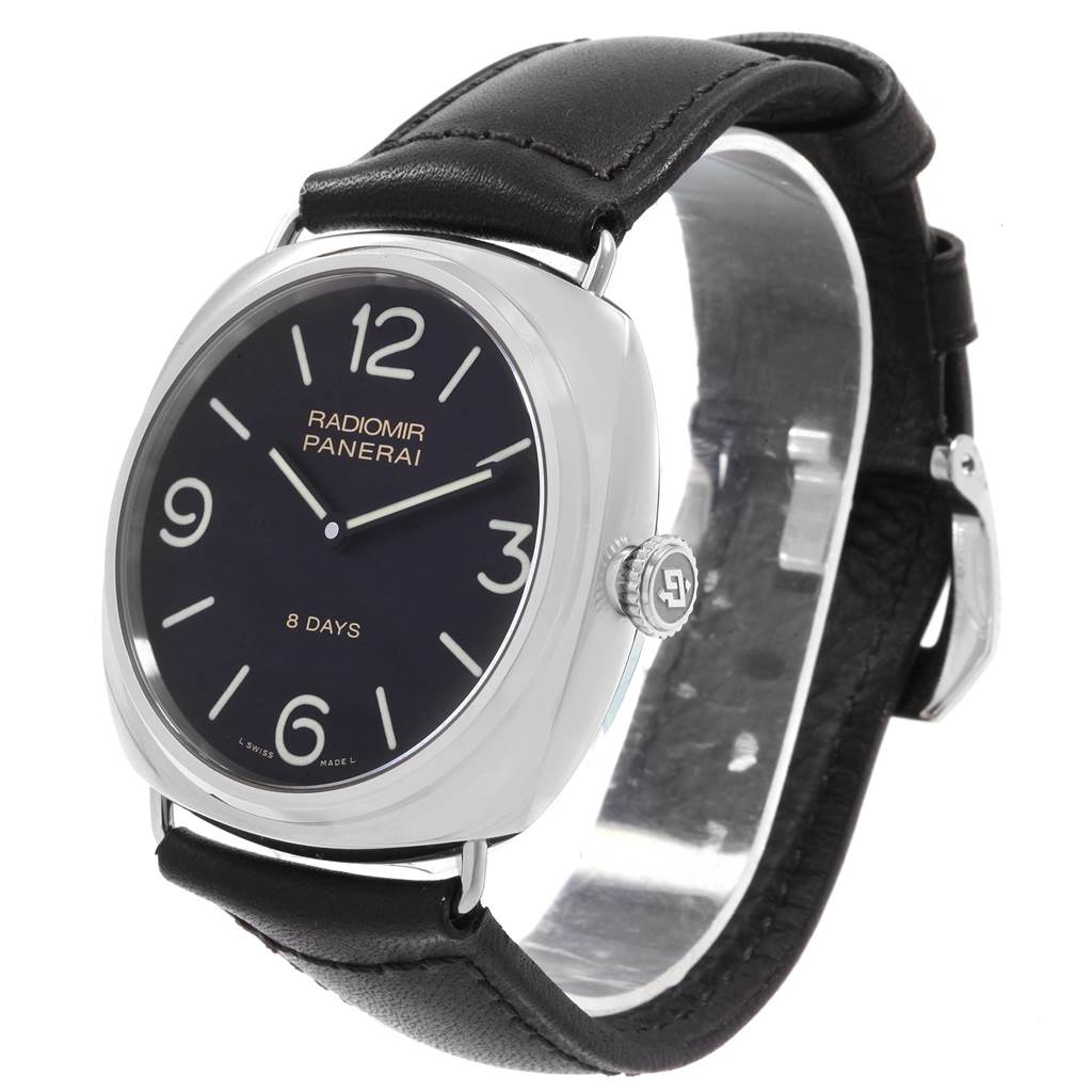 The image shows a Panerai Radiomir PAM00610 Men's Stainless Steel Black Dial PAM00610 Men's Stainless Steel Black Dial watch at an angle that highlights the face, crown, and part of the leather strap.