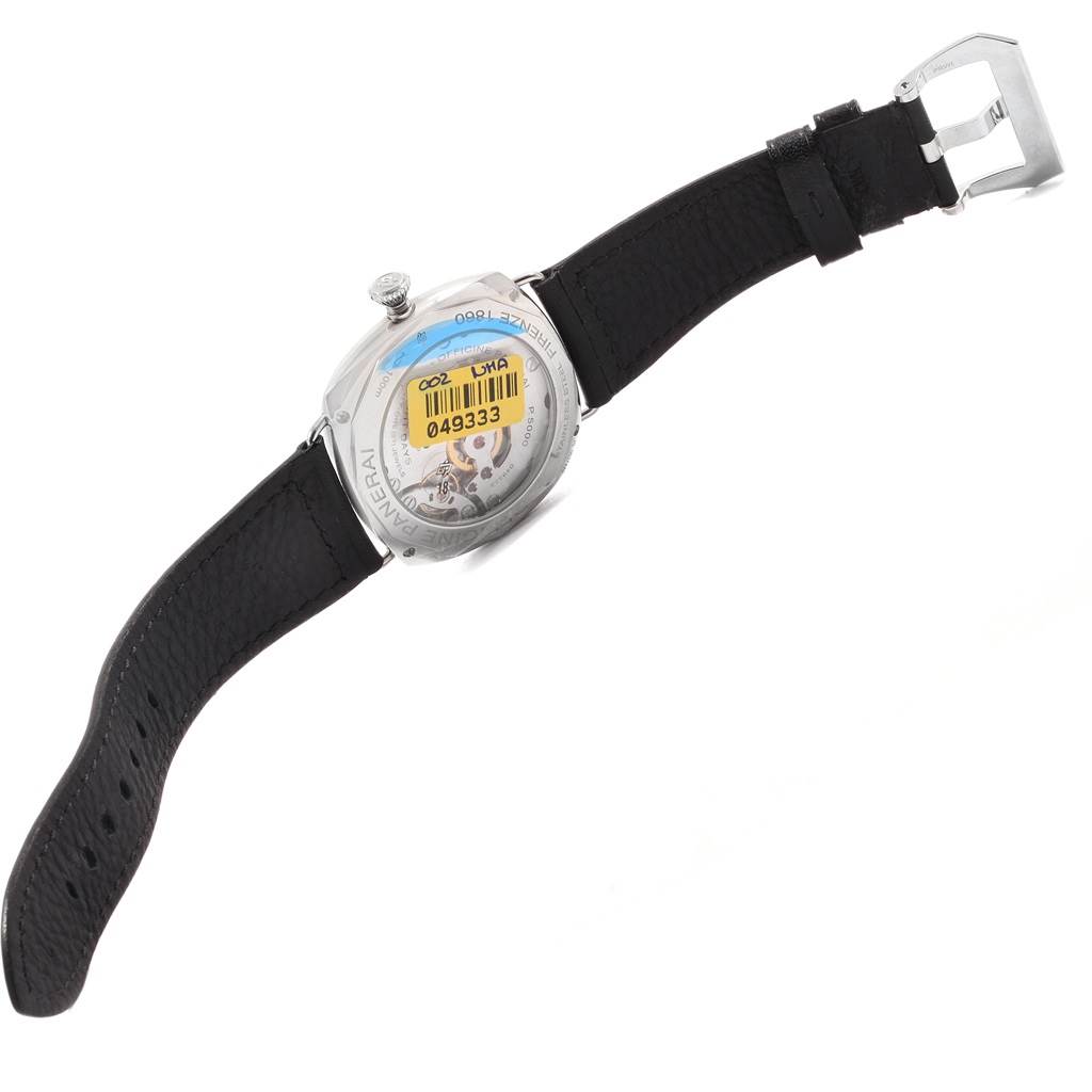 The image shows the back view of a Panerai Radiomir PAM00610 Men's Stainless Steel Black Dial PAM00610 Men's Stainless Steel Black Dial watch, highlighting the transparent case back and black leather strap.