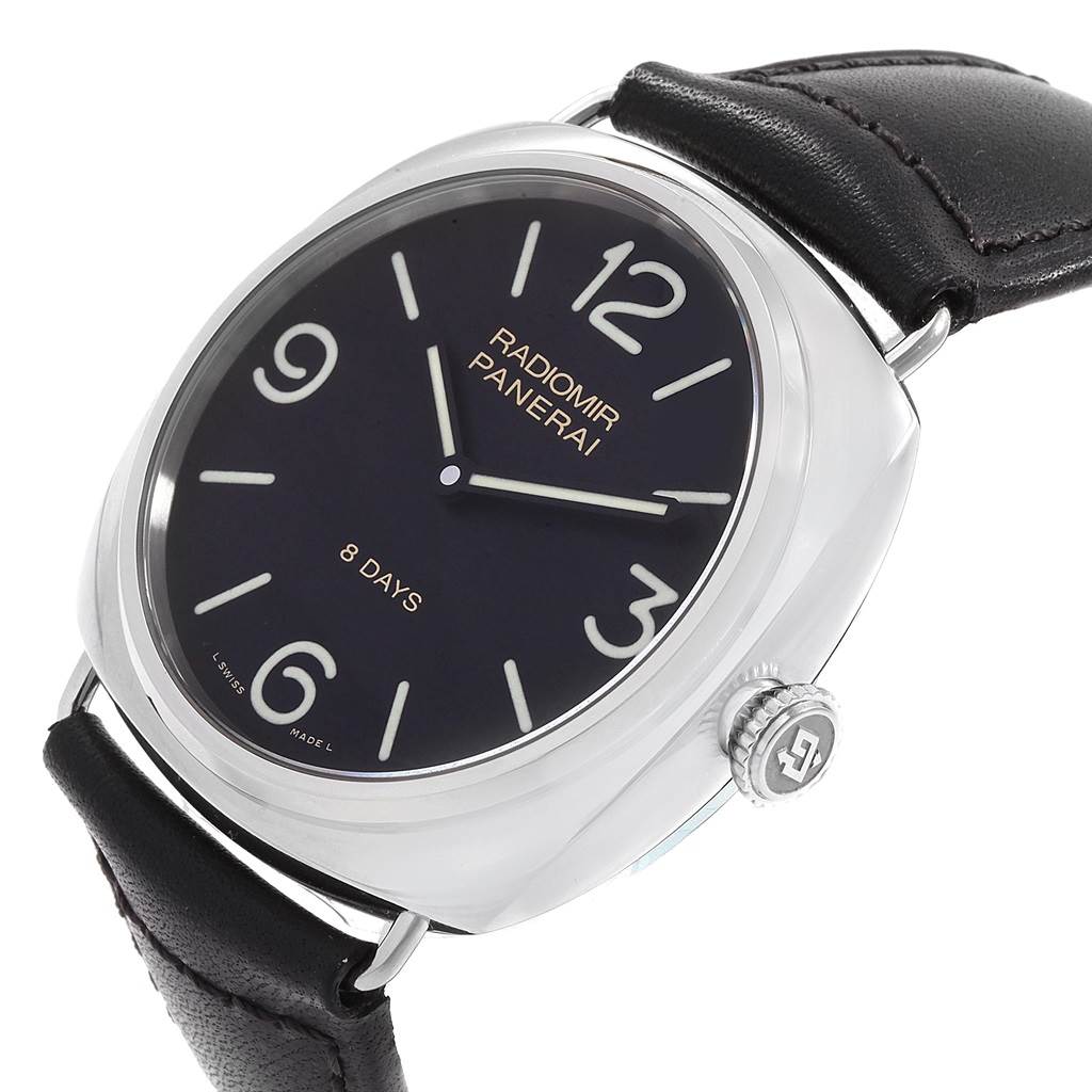The Panerai Radiomir PAM00610 Men's Stainless Steel Black Dial PAM00610 Men's Stainless Steel Black Dial watch is shown from an angled perspective, highlighting the dial, crown, and part of the strap.