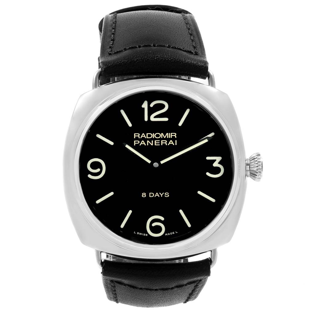The image shows a front view of the Radiomir model by Panerai, featuring the dial, case, and part of the leather strap.