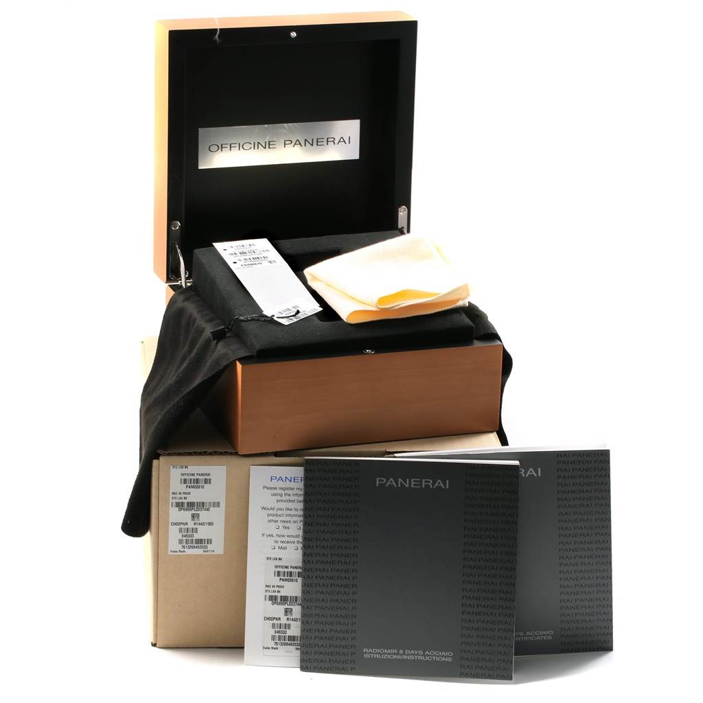 The image shows the packaging, documents, and cleaning cloths for a Panerai Radiomir PAM00610 Men's Stainless Steel Black Dial PAM00610 Men's Stainless Steel Black Dial watch from a frontal angle.