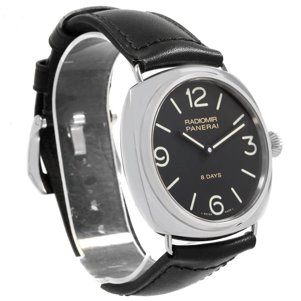 The Panerai Radiomir PAM00610 Men's Stainless Steel Black Dial PAM00610 Men's Stainless Steel Black Dial watch is shown at a three-quarter angle, highlighting its black dial, stainless steel case, and black leather strap.