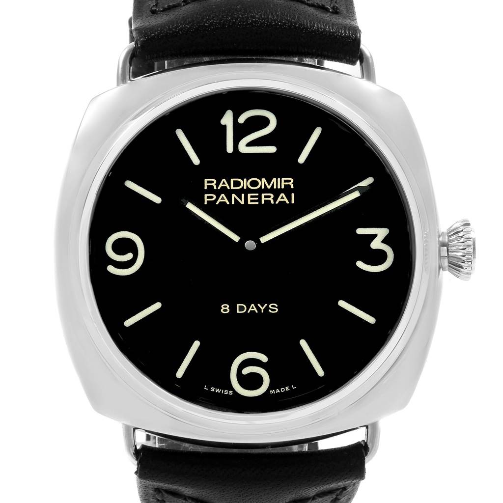 The image shows a front view of the Panerai Radiomir PAM00610 Men's Stainless Steel Black Dial PAM00610 Men's Stainless Steel Black Dial watch, highlighting the dial, numerals, and crown.