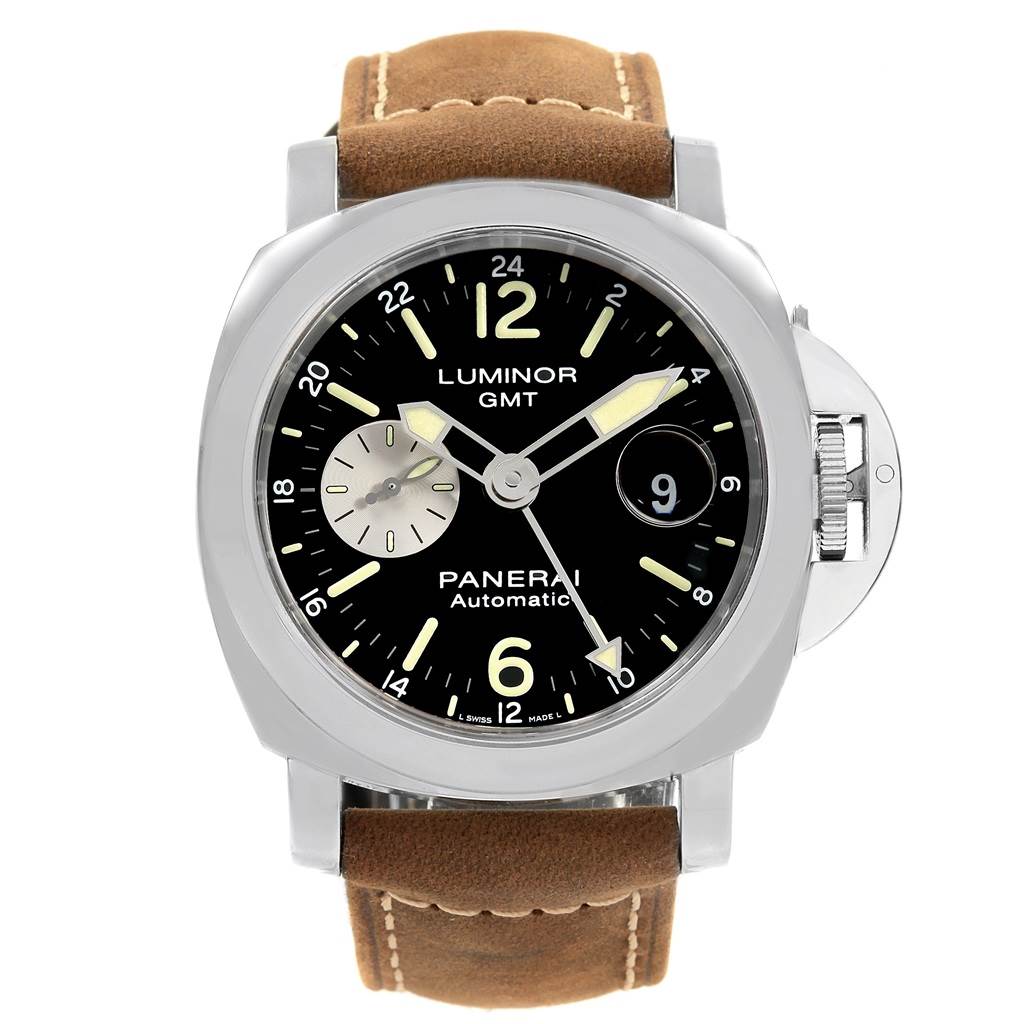 The image shows a front view of the Panerai Luminor PAM01088 Men's Stainless Steel Black Dial PAM01088 Men's Stainless Steel Black Dial watch, displaying its face, crown guard, and leather strap.