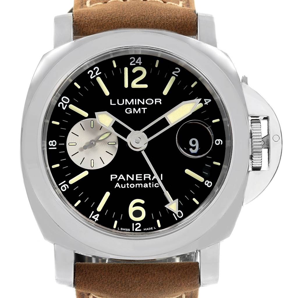 The image shows a front view of a Panerai Luminor PAM01088 Men's Stainless Steel Black Dial PAM01088 Men's Stainless Steel Black Dial GMT watch with a brown leather strap.
