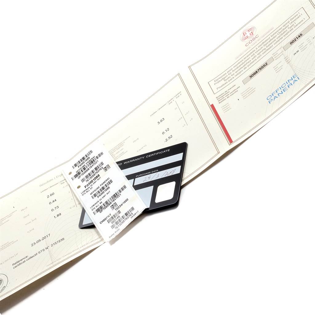 The image shows warranty and certification documents for the Panerai Luminor PAM01088 Men's Stainless Steel Black Dial PAM01088 Men's Stainless Steel Black Dial watch model laid out flat.