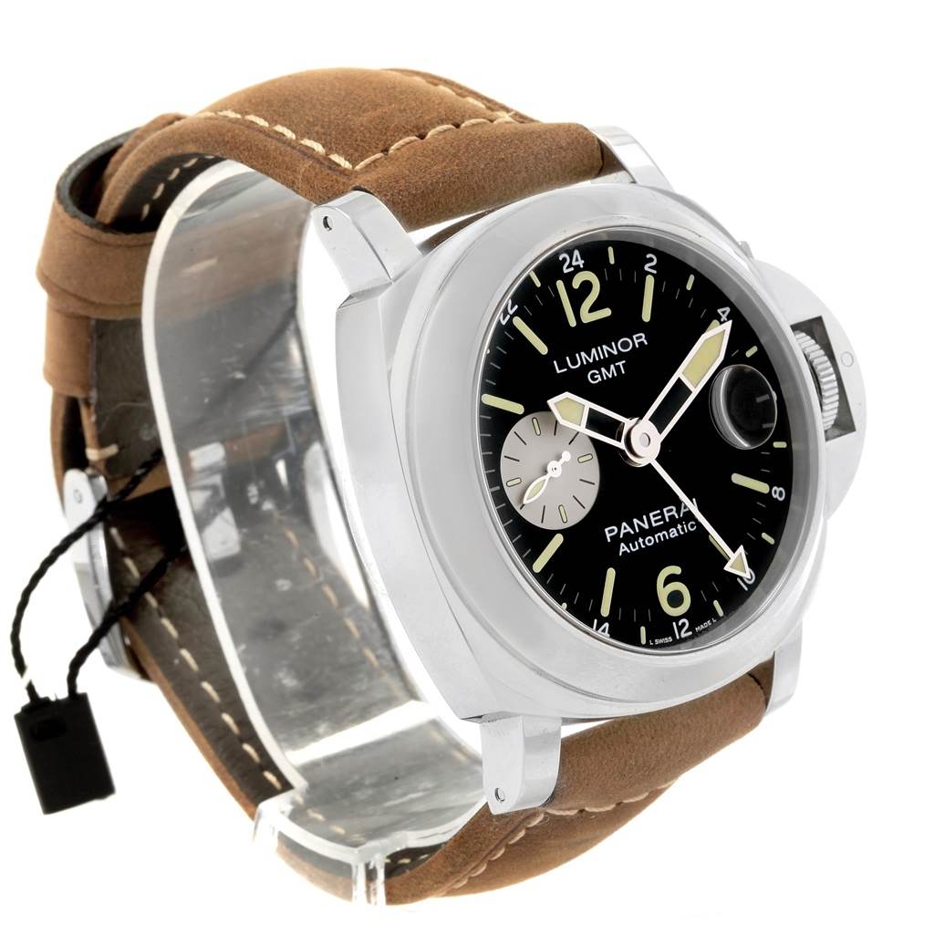 This image shows the front and side of a Panerai Luminor PAM01088 Men's Stainless Steel Black Dial PAM01088 Men's Stainless Steel Black Dial GMT watch, highlighting its dial, bezel, and leather strap.