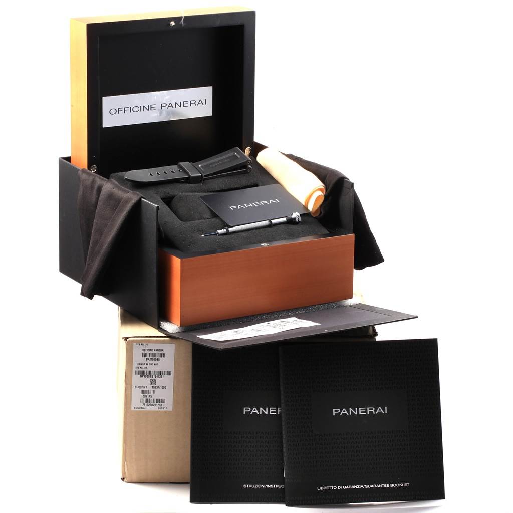 The image shows a boxed Panerai Luminor PAM01088 Men's Stainless Steel Black Dial PAM01088 Men's Stainless Steel Black Dial watch set with accessories, including a strap, tool, and documentation, viewed from an angle.