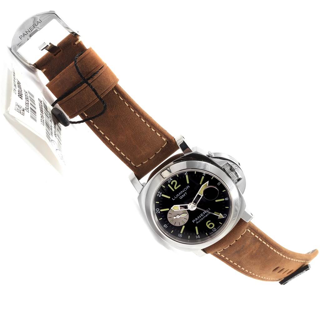 The image shows a Panerai Luminor PAM01088 Men's Stainless Steel Black Dial PAM01088 Men's Stainless Steel Black Dial watch at an angle depicting the face, crown guard, and brown leather strap.