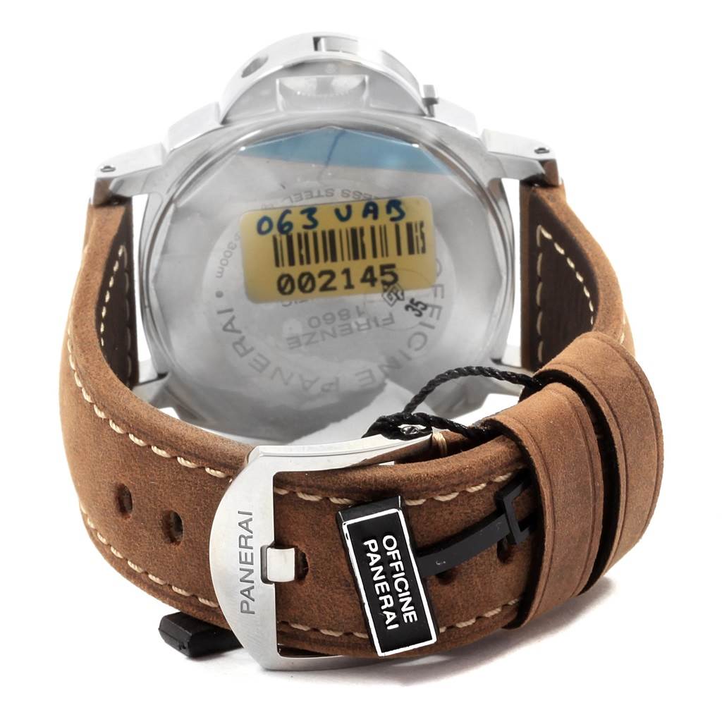 This image shows a rear angle of the Panerai Luminor PAM01088 Men's Stainless Steel Black Dial PAM01088 Men's Stainless Steel Black Dial watch, focusing on the back case and brown leather strap with the Panerai buckle.