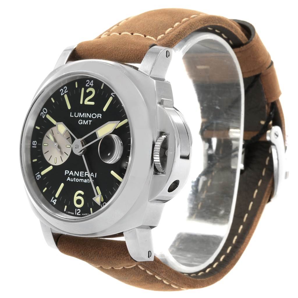 The image shows a Panerai Luminor PAM01088 Men's Stainless Steel Black Dial PAM01088 Men's Stainless Steel Black Dial GMT watch at a three-quarter front angle, displaying the face, case, crown, and leather strap.
