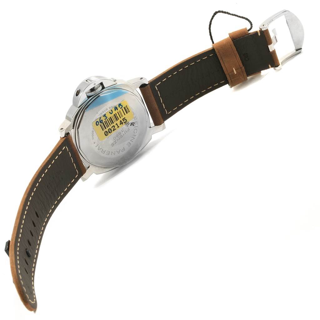 The image shows the back and brown leather strap of the Panerai Luminor PAM01088 Men's Stainless Steel Black Dial PAM01088 Men's Stainless Steel Black Dial watch at an angled top-down perspective.