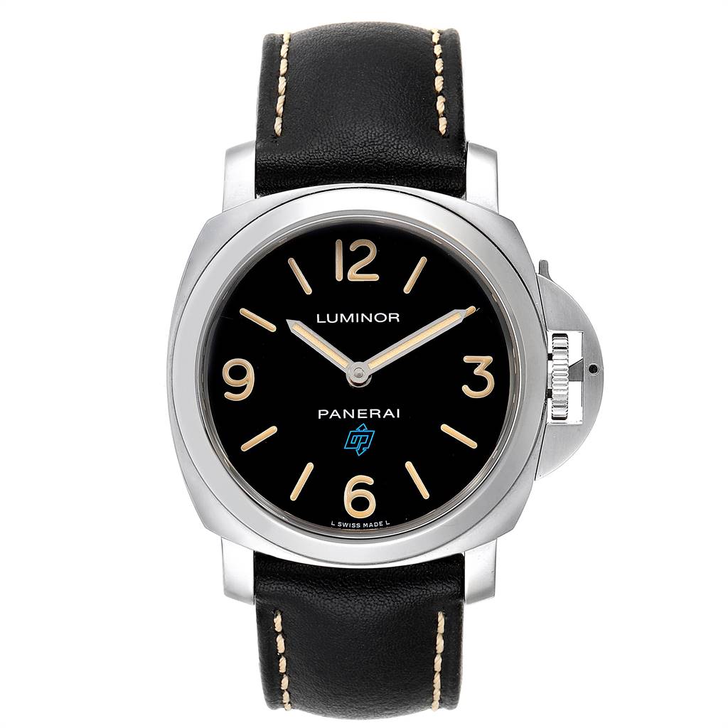 The image shows a front view of the Panerai Luminor PAM00634 Men's Stainless Steel Black Dial PAM00634 Men's Stainless Steel Black Dial watch, including its black leather strap and distinctive dial.