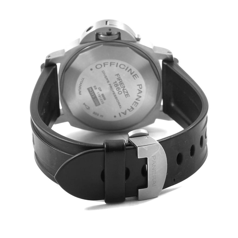 The image shows the back of a Panerai Submersible watch, highlighting the case back, strap, and buckle.