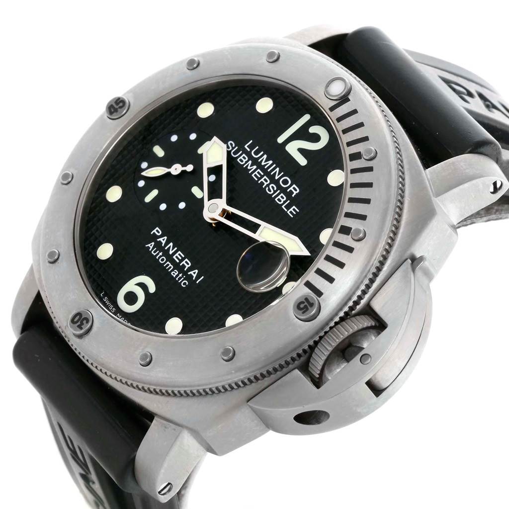 This image shows a close-up angle of the Panerai Luminor Submersible's face, bezel, crown guard, and part of the strap.