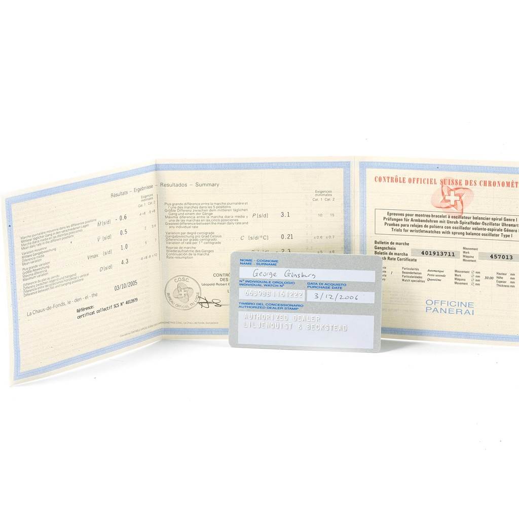 The image shows the documentation and certificate for a Panerai Submersible PAM00025 Men's Titanium Black Dial PAM00025 Men's Titanium Black Dial watch, including a warranty card and official certification papers.