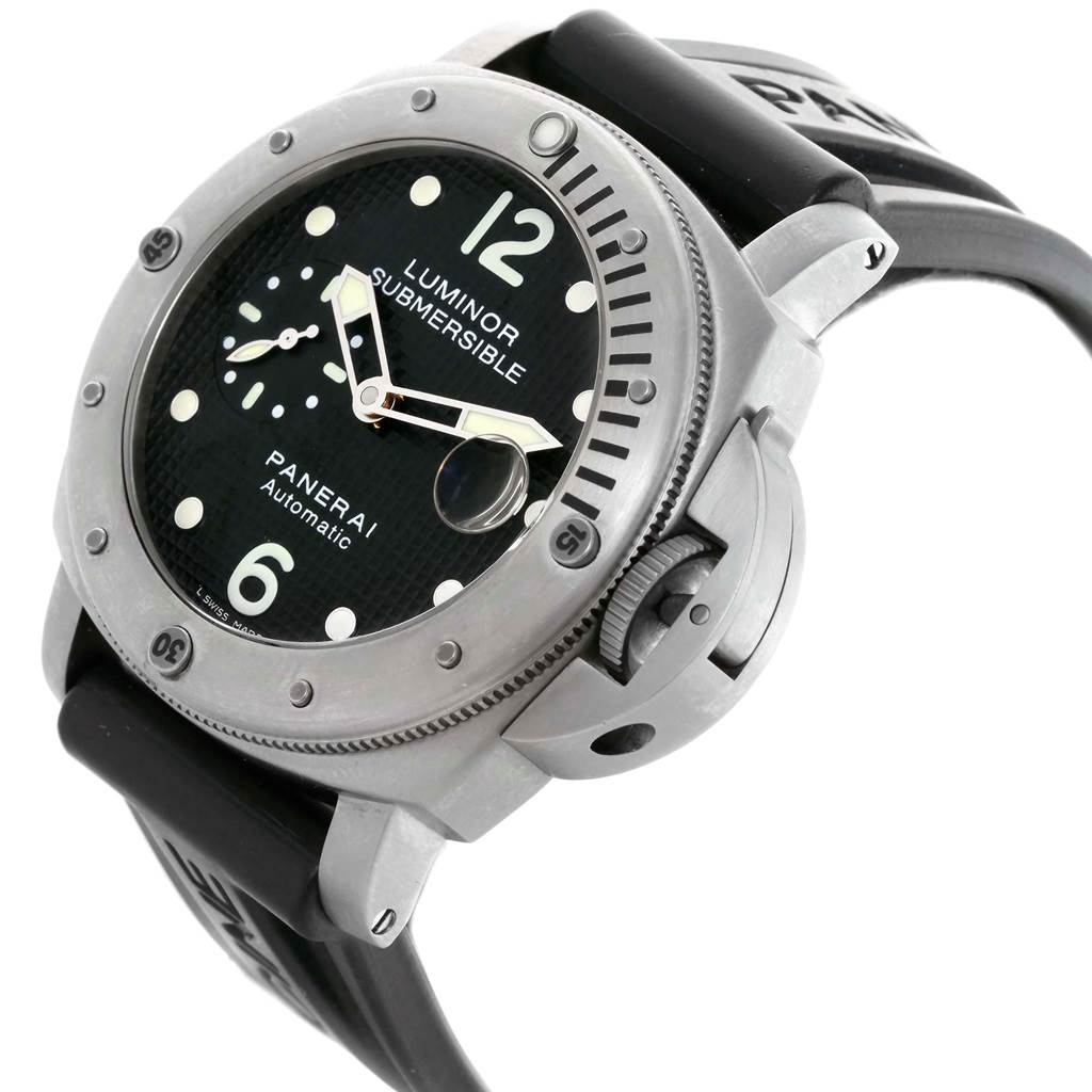 The image shows a Panerai Submersible PAM00025 Men's Titanium Black Dial PAM00025 Men's Titanium Black Dial watch at an angle highlighting the dial, bezel, and part of the strap.