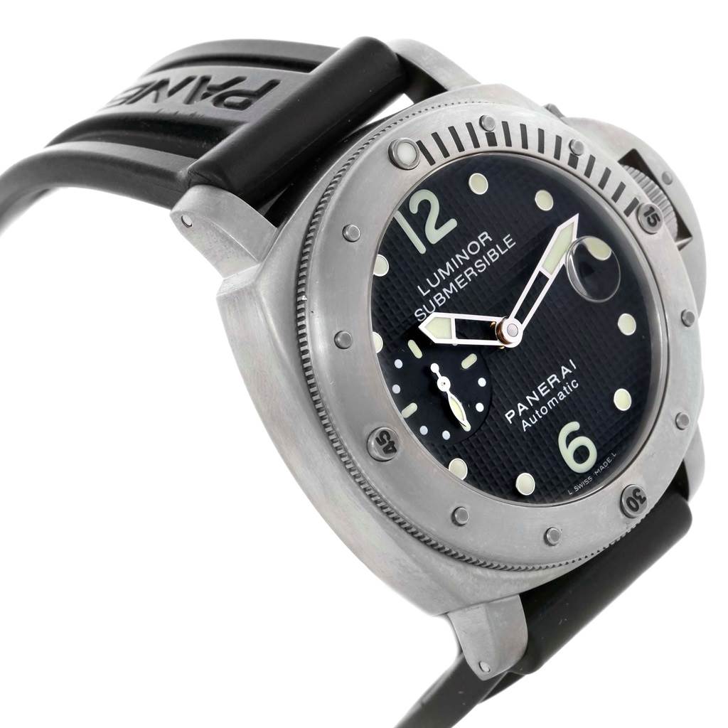 The image shows a close-up, angled view of the Panerai Submersible PAM00025 Men's Titanium Black Dial PAM00025 Men's Titanium Black Dial watch, highlighting its face, bezel, and part of the strap.