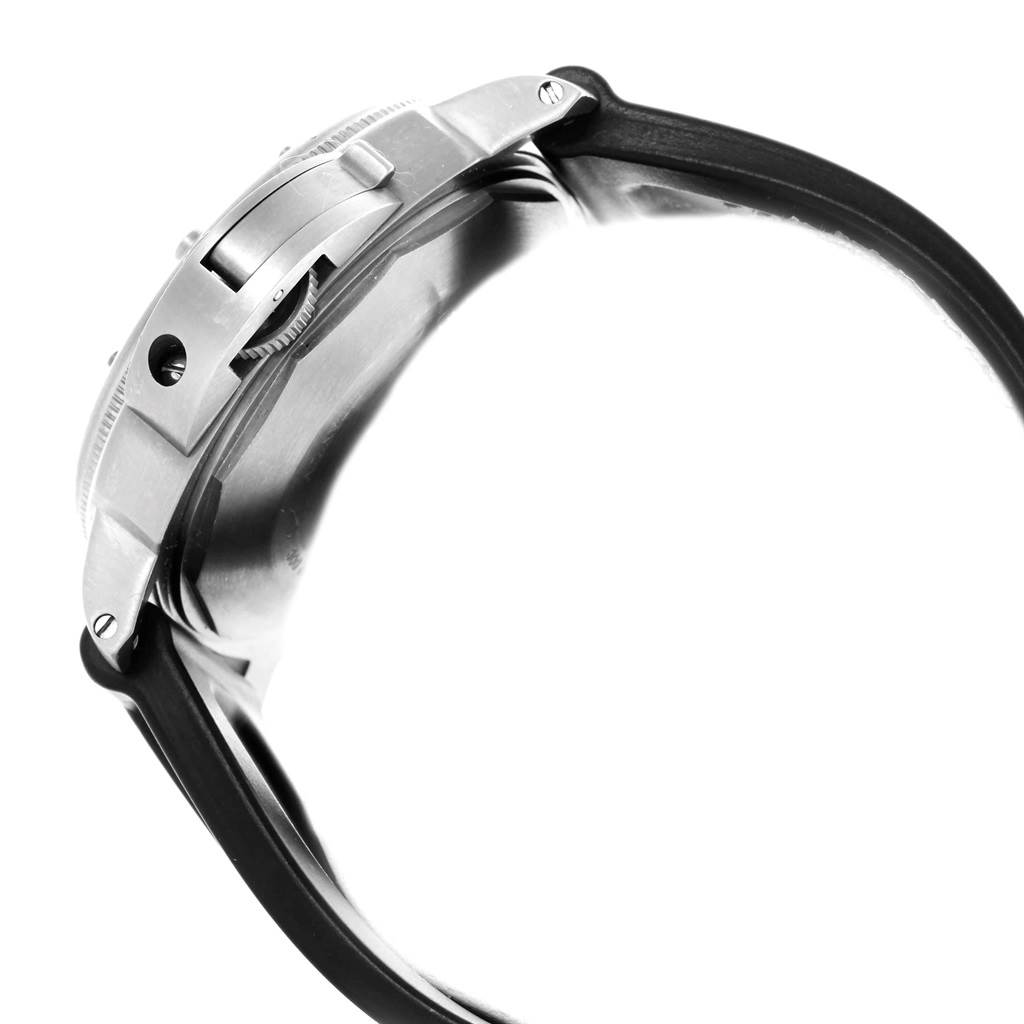 The image shows a side view of the Panerai Submersible PAM00025 Men's Titanium Black Dial PAM00025 Men's Titanium Black Dial model, highlighting its crown guard and part of the strap.