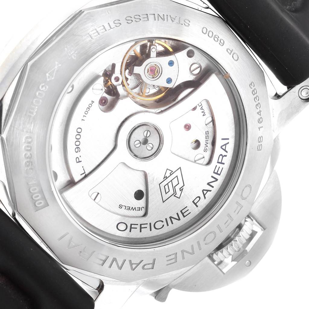 This image shows the back view of a Panerai Luminor PAM00499 Men's Stainless Steel White Dial PAM00499 Men's Stainless Steel White Dial watch, highlighting its stainless-steel case and internal mechanics.