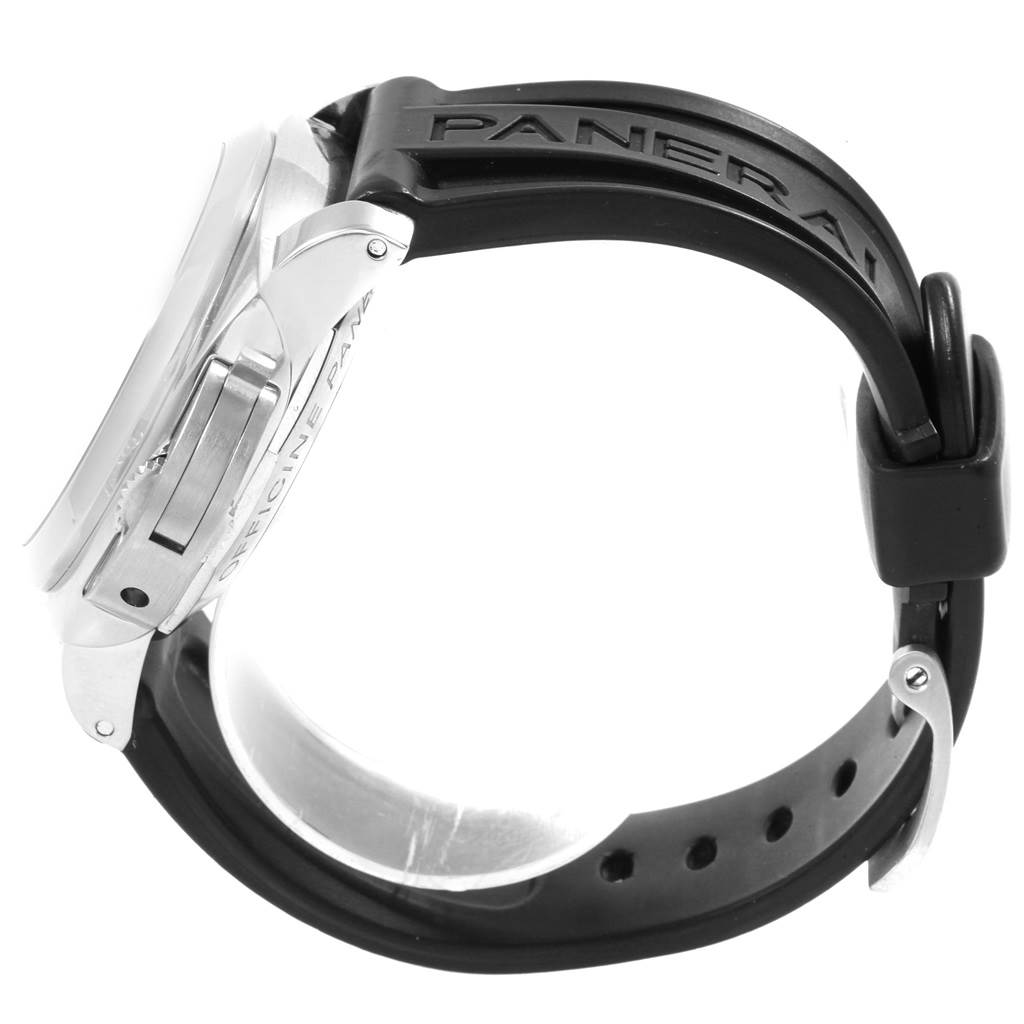 The image shows a side angle of a Panerai Luminor PAM00499 Men's Stainless Steel White Dial PAM00499 Men's Stainless Steel White Dial watch focusing on the case, crown guard, and black rubber strap.