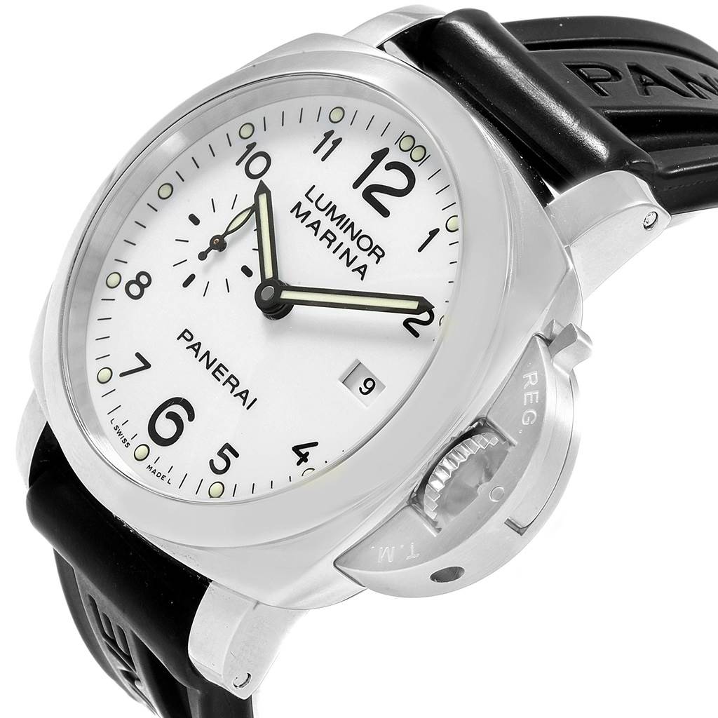 The image shows a Panerai Luminor PAM00499 Men's Stainless Steel White Dial PAM00499 Men's Stainless Steel White Dial Marina watch from a slightly angled top view, highlighting its dial, crown, and strap.