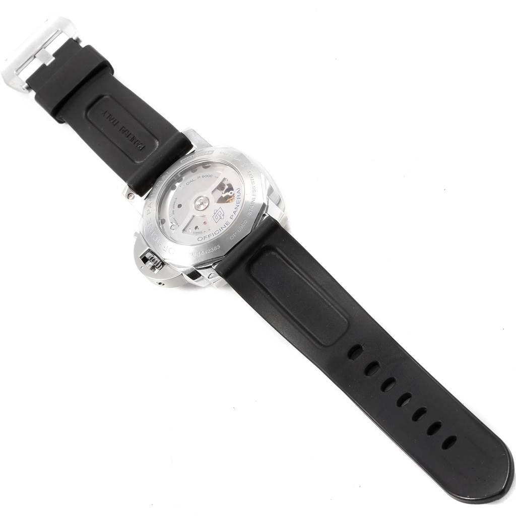 The image shows the backside of the Panerai Luminor PAM00499 Men's Stainless Steel White Dial PAM00499 Men's Stainless Steel White Dial watch, highlighting its black rubber strap and transparent case back.