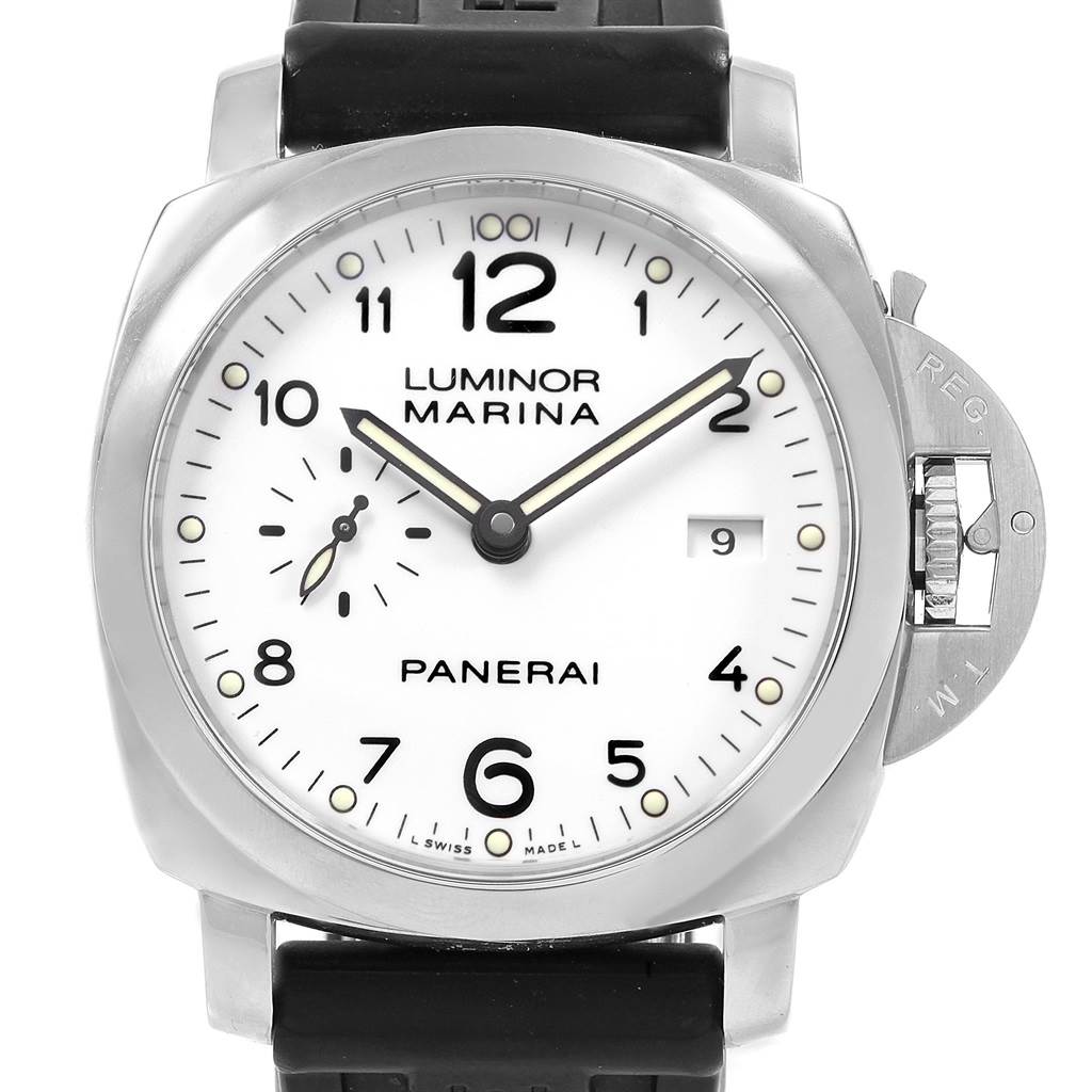This image shows a front view of the Panerai Luminor PAM00499 Men's Stainless Steel White Dial PAM00499 Men's Stainless Steel White Dial watch, highlighting its dial, hands, sub-dial, date window, and crown protector.