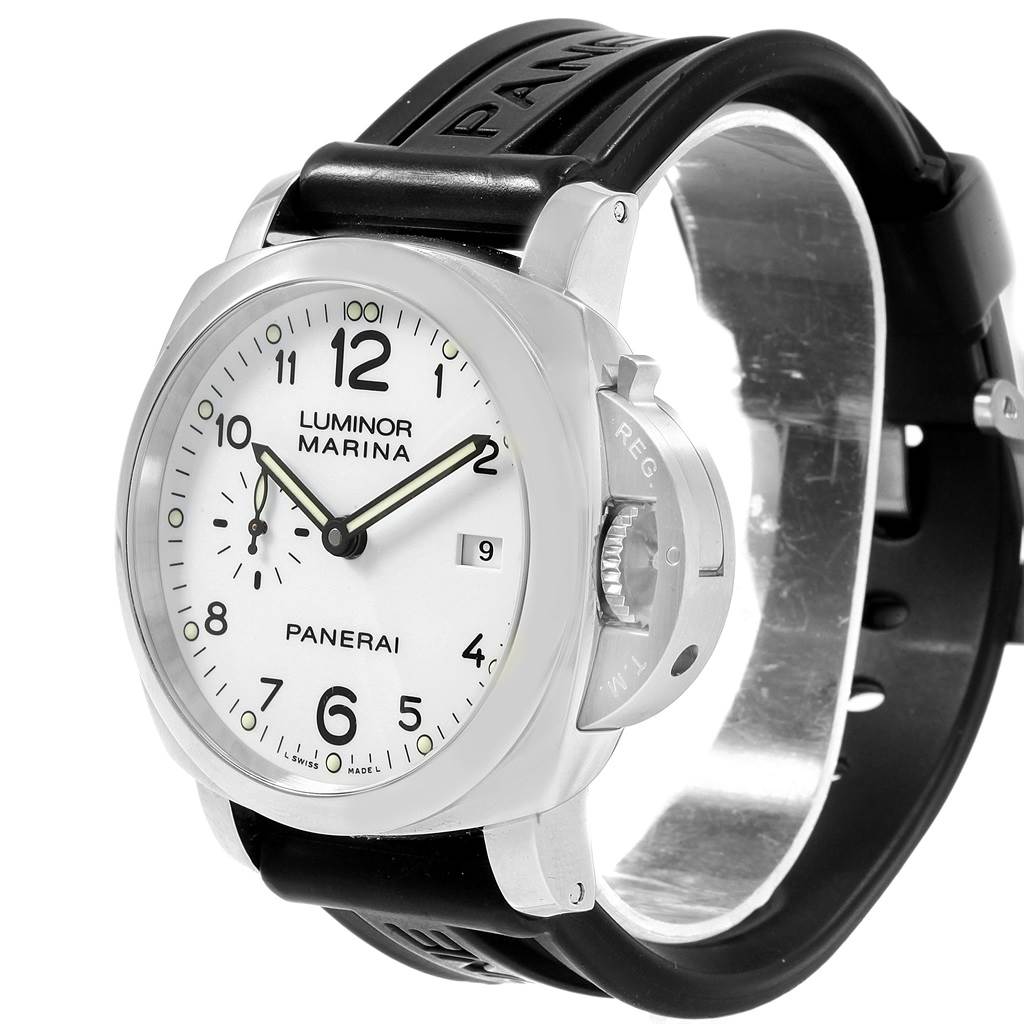 This image shows a frontal view of a Panerai Luminor PAM00499 Men's Stainless Steel White Dial PAM00499 Men's Stainless Steel White Dial Marina watch with a white dial and black rubber strap.