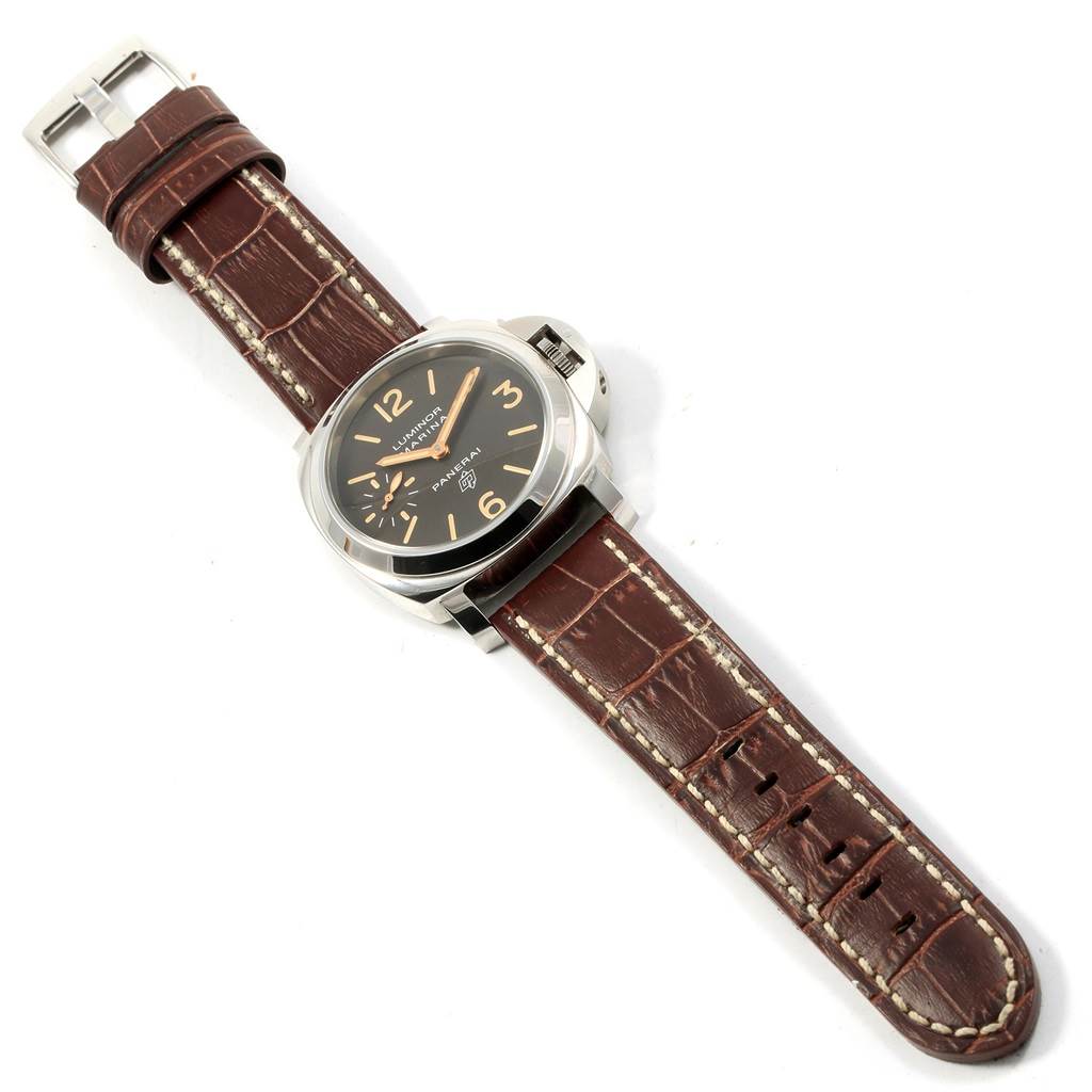 The image shows a top view of a Panerai Luminor PAM00632 Men's Stainless Steel Brown Dial PAM00632 Men's Stainless Steel Brown Dial watch with a brown leather strap.