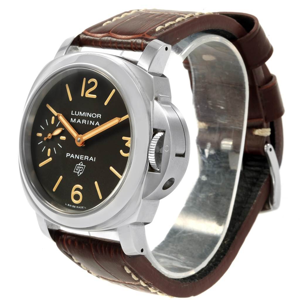 The image shows a Panerai Luminor PAM00632 Men's Stainless Steel Brown Dial PAM00632 Men's Stainless Steel Brown Dial model watch at an angle displaying the face, case, crown guard, and leather strap.