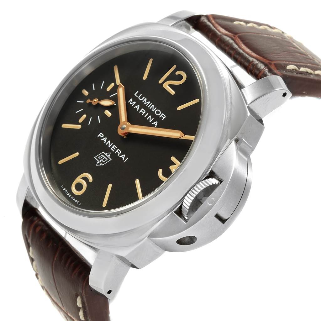 The image shows a Panerai Luminor PAM00632 Men's Stainless Steel Brown Dial PAM00632 Men's Stainless Steel Brown Dial model watch at a slight angle, highlighting its dial, crown guard, and brown leather strap.