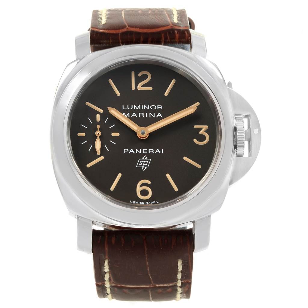 The image shows a front-facing view of a Panerai Luminor PAM00632 Men's Stainless Steel Brown Dial PAM00632 Men's Stainless Steel Brown Dial Marina watch with a brown leather strap.