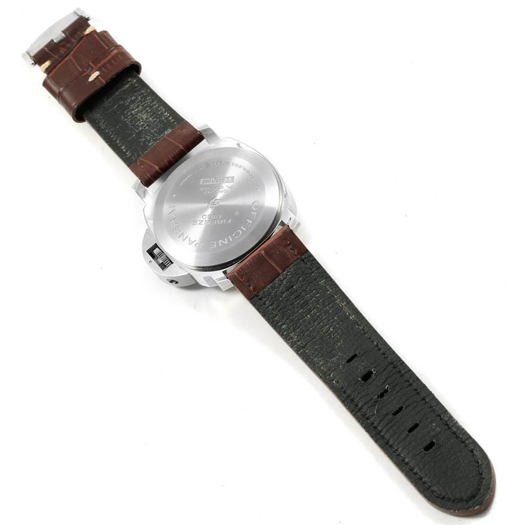This image shows the back view of a Panerai Luminor PAM00632 Men's Stainless Steel Brown Dial PAM00632 Men's Stainless Steel Brown Dial watch, displaying the back case and leather straps.