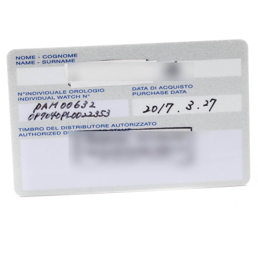 The image shows a close-up view of the warranty card for a Panerai Luminor PAM00632 Men's Stainless Steel Brown Dial PAM00632 Men's Stainless Steel Brown Dial model watch.