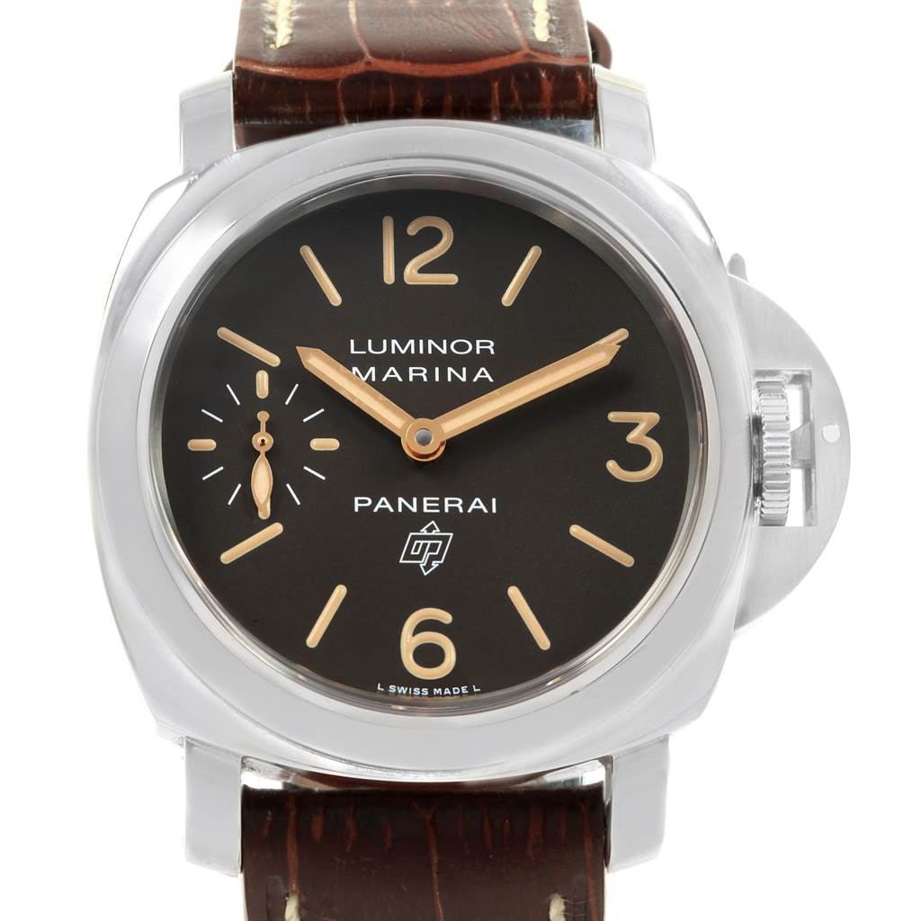 This image shows a front view of the Panerai Luminor PAM00632 Men's Stainless Steel Brown Dial PAM00632 Men's Stainless Steel Brown Dial Marina watch, highlighting the dial, case, and strap.