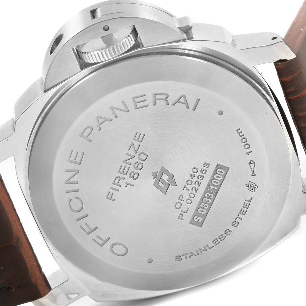 The image shows the back case and crown guard of a Panerai Luminor PAM00632 Men's Stainless Steel Brown Dial PAM00632 Men's Stainless Steel Brown Dial watch, highlighting its engravings and materials.